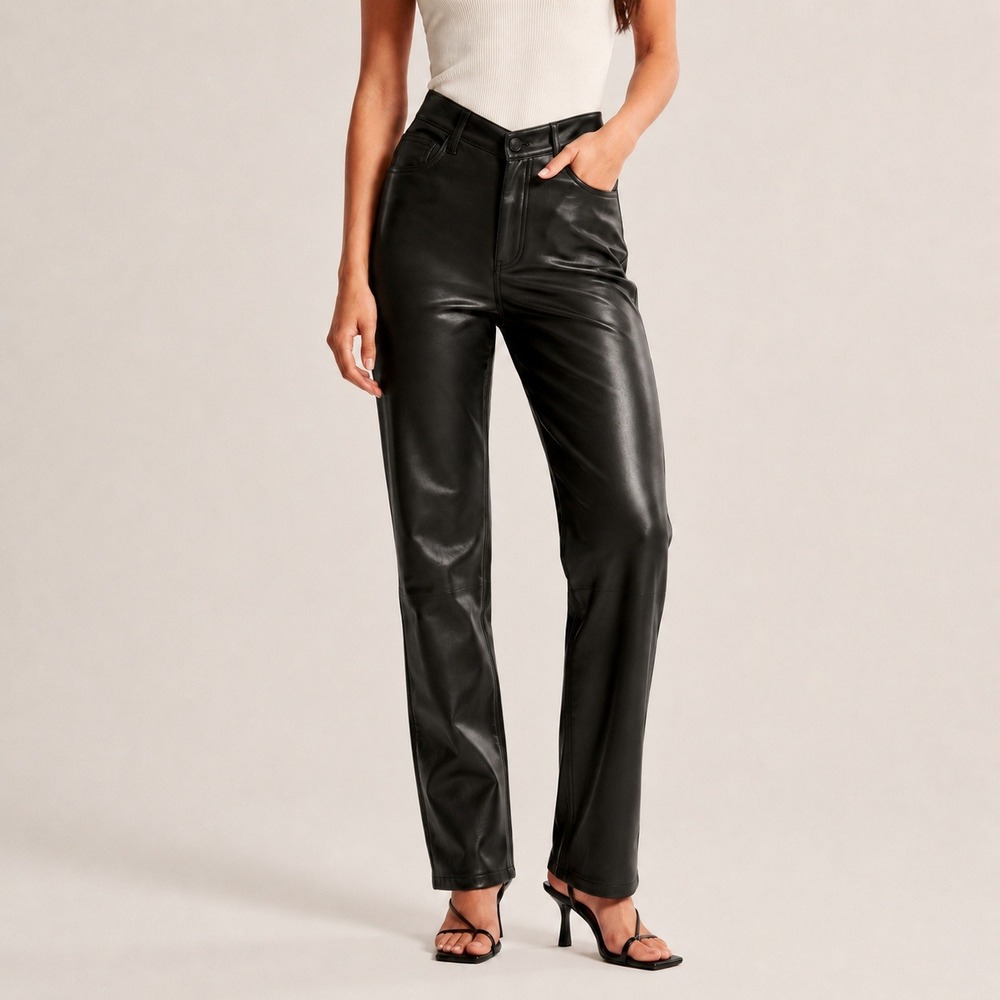 NWT Abercrombie & Fitch 90s Straight Vegan Leather V Waist Pants Black Size 27